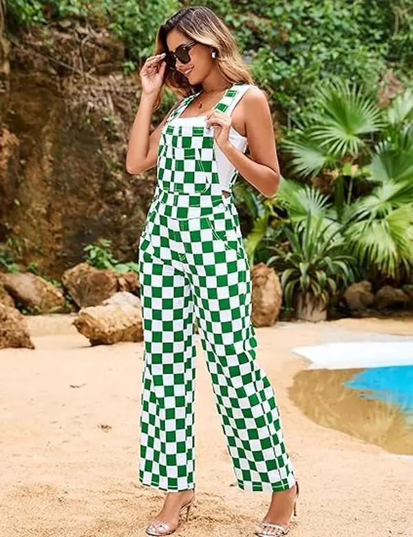 WIRDATRD Christmas Multi Color Checkered Overalls for Women Loose Fit Stretch Jumpsuit Straight Leg Bib Pants Fall Winter New Year Thanksgiving Outfit