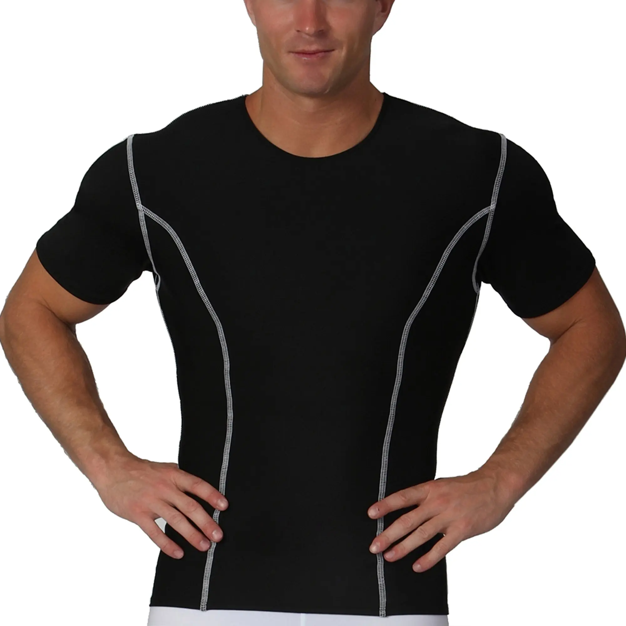 Insta Slim High Compression Crew Neck Contrast Stitching Shirt TA0221 - Body-Trimming & Slimming Undershirt for Instant Stomach Flattening, Chest Toning, Back Support, Love Handle Elimination & All-Day Comfort, Discreet & undetectable fit