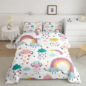 3-piece Rainbow Cartoon Cloud Quilt Set (1 quilt + 2 pillowcases without pillow inserts), available in multiple sizes including twin, full, queen, and king. Featuring U-shaped quilting, the quilt contains 200gsm filling, offering softness and breathabilit