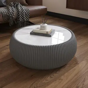 Bellemave Round Coffee Table, Ready-to-Use Modern Indoor Living Room Furniture with Light Sintered Stone Top, Drum-Shape Leather Solid Base, Round Size Unique Grey Texture (Each Tabletop Has a Distinct Pattern)