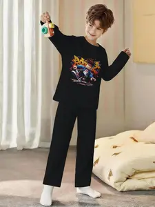 Roblox Game Character 2-Piece Boys' Digital Print Long-Sleeve Pajamas with Long Pants, Sleepwear, Pajama clothes, Flame-Retardant Fabric, comfortable pajama set, suitable for sleeping and home leisure, made of 100% polyester, perfect for boys