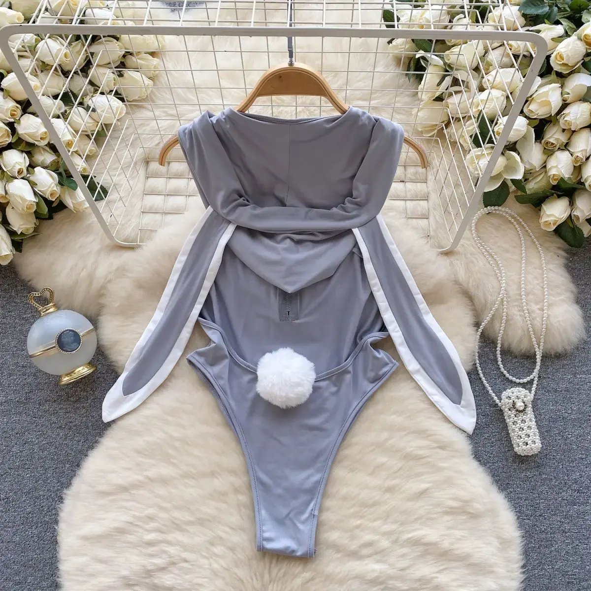 Bunny Hoodie Bodysuit for Women - Backless One-Piece Pajama Romper Sleepwear with Adorable Ears and Hood Design