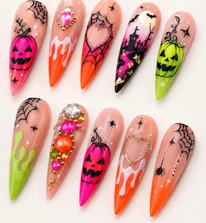 Handmade Halloween Press On Nails, Pink Pumpkin Spider Web Art Set