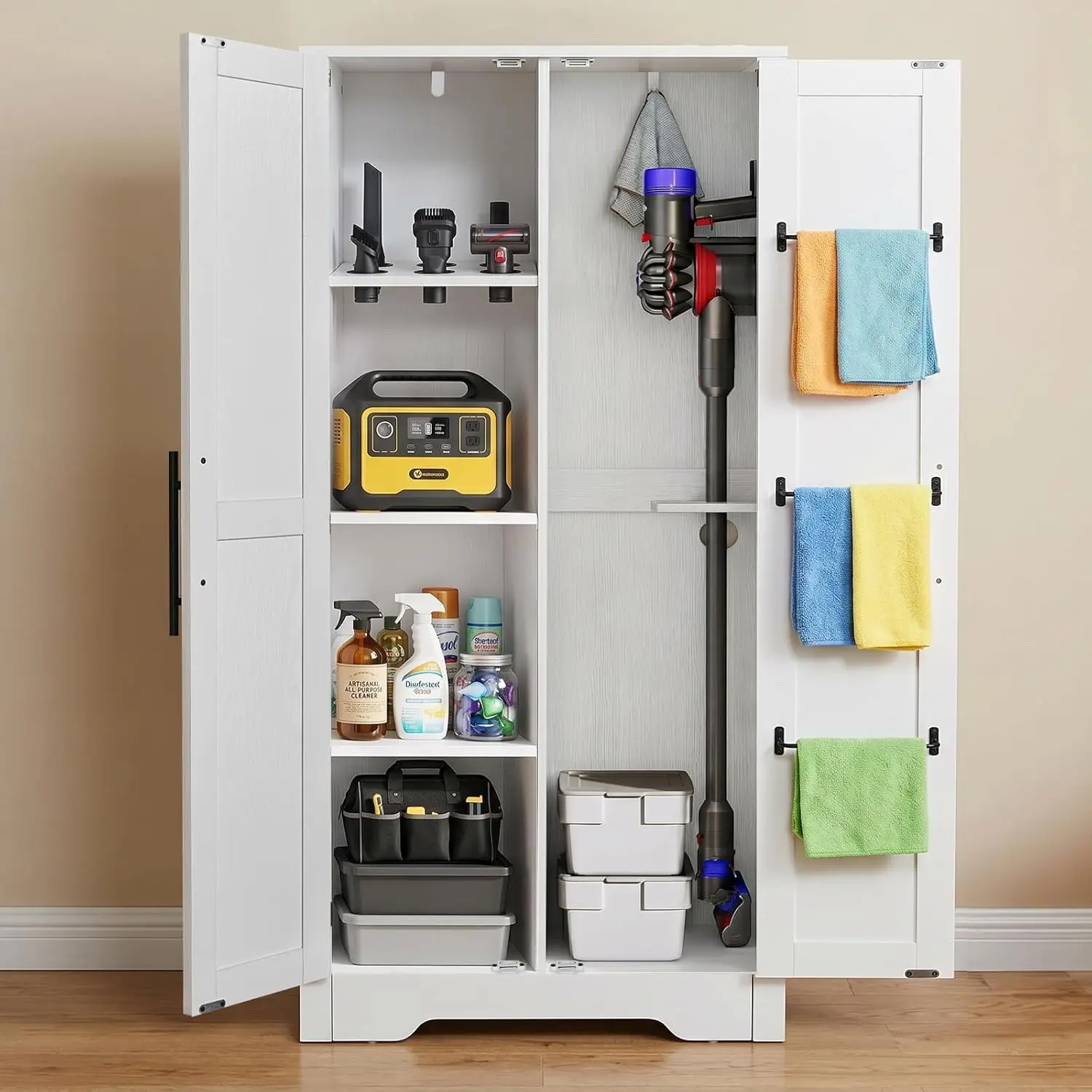 NORTHSKY Wooden Storage Cabinet, 55" Broom Closet & Vacuum Cleaner Holder Compatible with Dyson, Utility Cabinet for Brooms & Mops, Cleaning Cabinet w/Doors for Garage,Laundry,Mudroom,Home Office