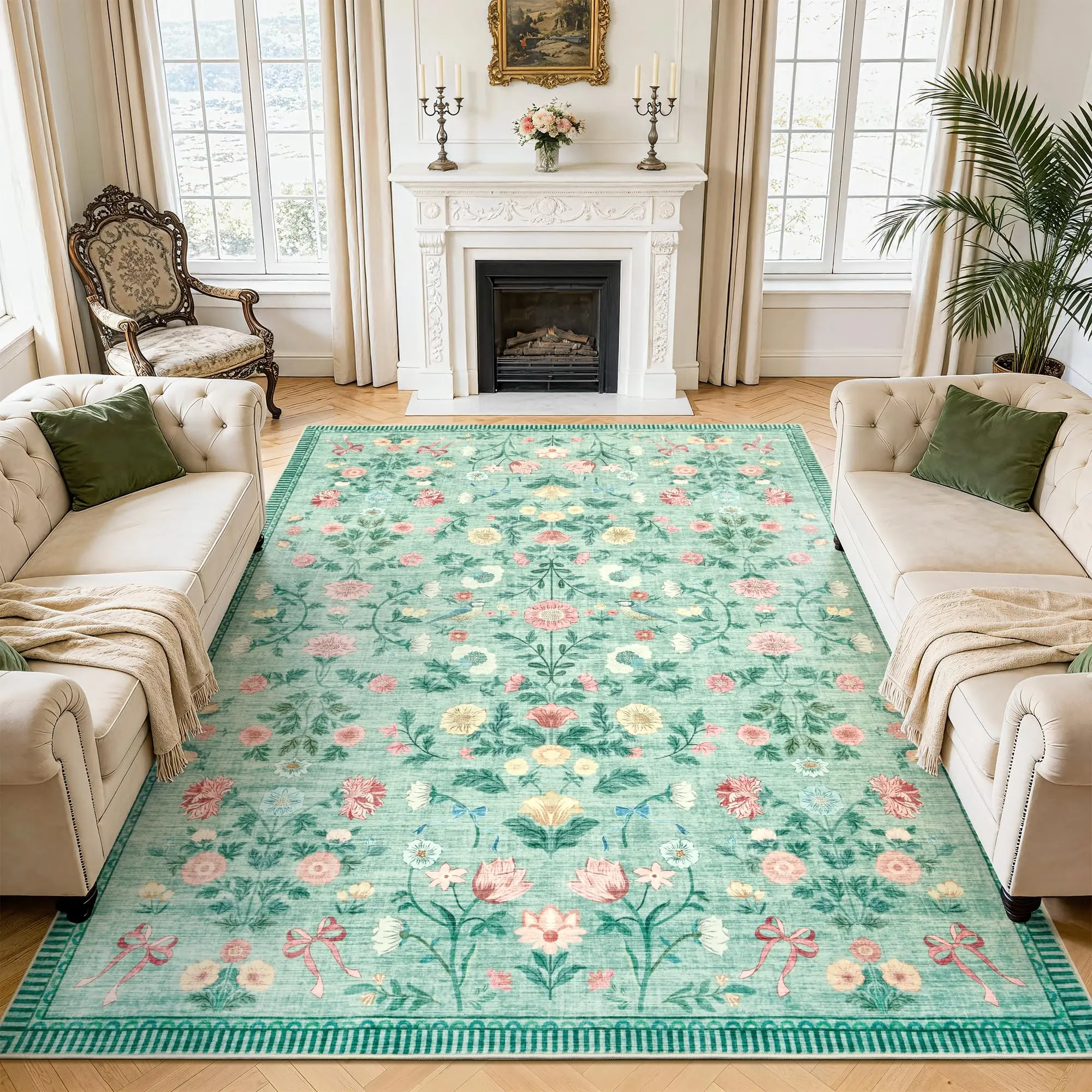 Washable Area Rugs for Dining Room Home Office Decor, Soft Floral Carpet Large Indoor Floor Carpets, Non Slip & Fade Resistant Foldable Mats, Pet & Kids Friendly, Green