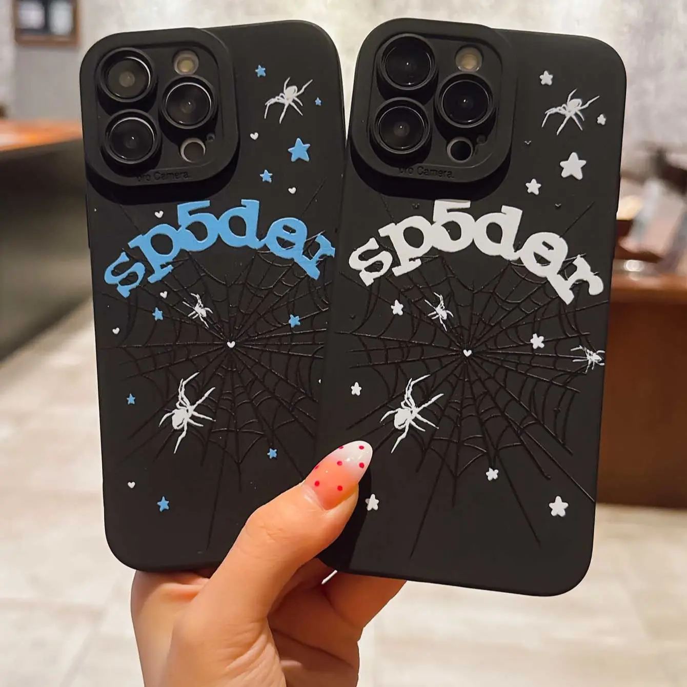Embossed Spider Web Star Print Black Matte Phone Case Compatible with iPhone 17 ProMax / 16 ProMax / 15 ProMax / 14 ProMax / 13 ProMax and Samsung Galaxy S26 Ultra / S25 Ultra / S24 Ultra / S23 Ultra / S22 Ultra