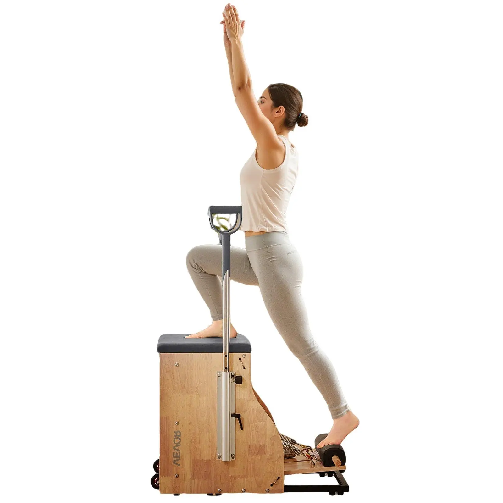 VEVOR Pilates Chair - Split-Pedal Stability Combo Chair with Handles, Rubber Wood Frame, Adjustable Spring, Leather Pads, 2 Lighter Yellow Springs, 350lbs Max Load, Home Gym Studio Body Sculpting Training Equipment (w77-x-a)