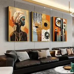 3pcs Abstract Ethnic Poster Set with Wooden Frame, African Wall Art Canvas Decor, Women Art for Bedroom and Living Room, Abstract Face Design