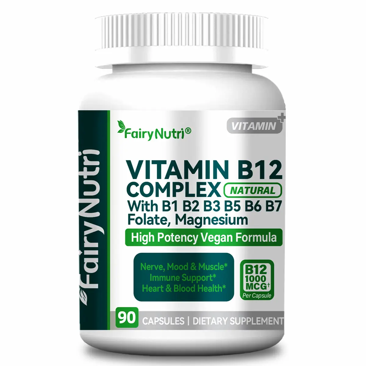FairyNutri High Potency 1000Mcg Vitamin B12 Complex Capsules - Vegan Formula with B1,B2,B3,B5,B6,B7,Folate,Magnesium - Nerve & Mood Support, Heart Health - 90-Count, 90-Day Supply Dietary Supplement