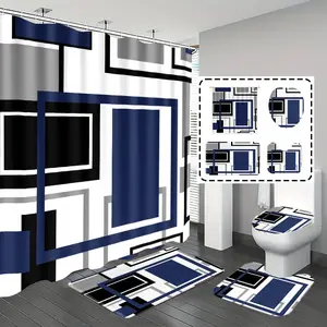[Popular Choice]1pc/4pcs, bathroom curtains shower, bathroom set, shower curtains, bathroom rug, home decoration, bathroom mat, stripes and geometric patterns, simple theme decoration, bathroom set, with 12 hooks.