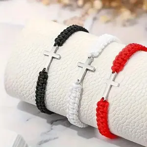 Adjustable Cross Rope Bracelet Stainless Steel Woven Friendship Couple Lucky Jesus Bracelet Christian Men Women Gift Red Black White