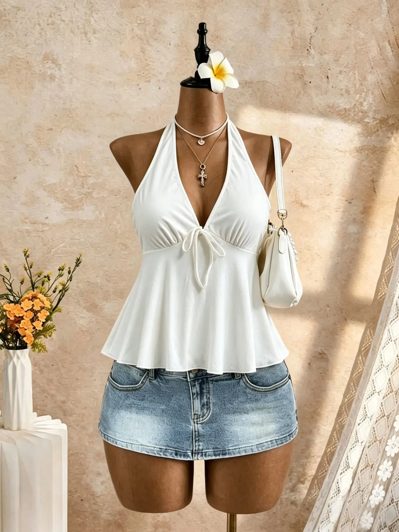 Y2K Sexy Halter Top, Lightweight Deep V Neck Ruffle Bow Strappy Shirt, Flowy Hem Sleeveless Upper, Perfect for Beach Parties