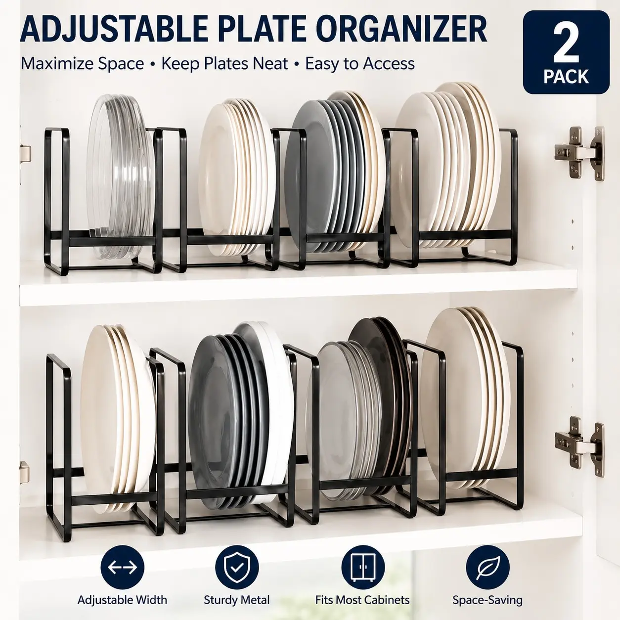 2PCS Kitchen Dish Drying Rack and Plate Organizer Set, Adjustable Organiser, Space Saving Dish Storage Rack with Plate Holders and Bowl Compartments, Countertop Drainer for Plates Bowls Cups