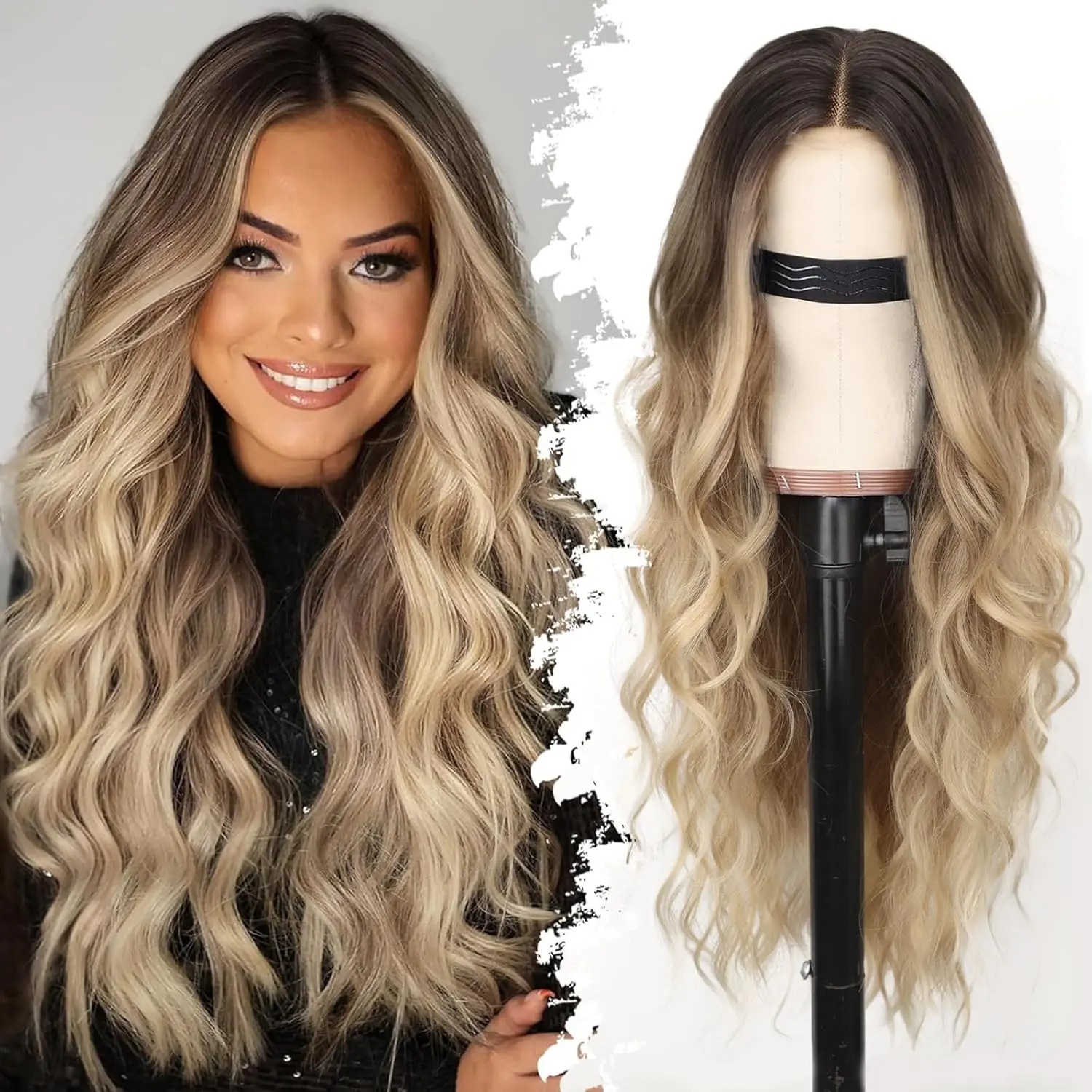 [ AISI HAIR ] Ombre Blonde Wig for Women Long Wavy 4x1 Lace Natural Hairline Glueless for Beginners Middle Part Synthetic for Daily Party Use 26Inch