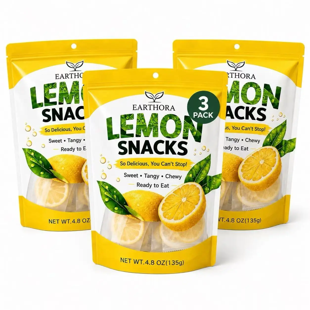 Earthora Sweet & Sour Chewy Dried Lemon Slices, Ready-to-Eat Fruit Snack, 3-Pack (3 × 135g)