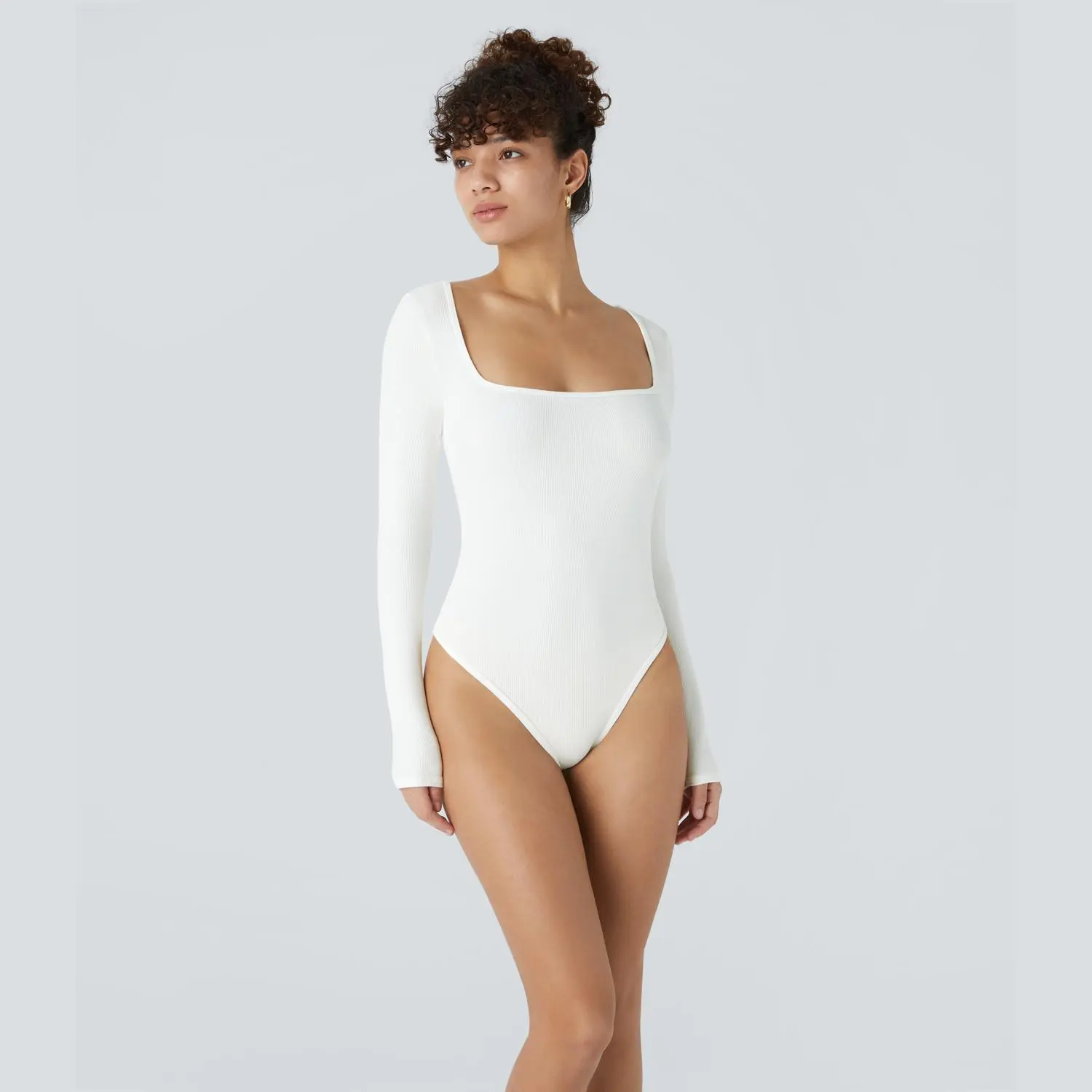 Halara Ribbed Knit Square Neck Long Sleeve Button Skinny Work Bodysuit #BackToSchool