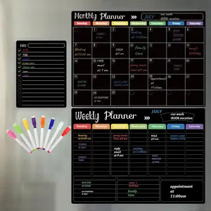 Black Dry Erase Planner Boards Set, Including Daily/weekly/monthly Magnetic Calendar Boards & 8 Colored Marker for Refrigerator, Monthly Weekly Daily Organizer Set