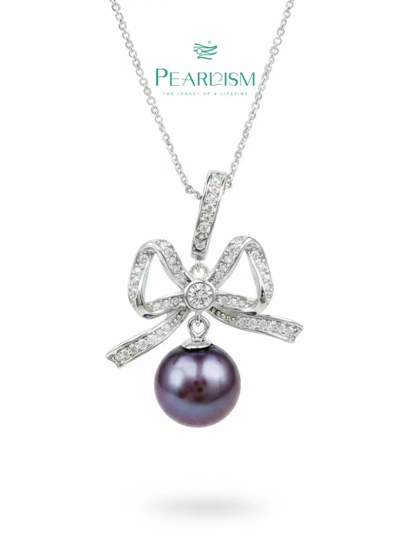 【Adee】PEARLISM Dainty Everyday Edison Pearl Pendant | 9-10mm Purple Silver Bow CZ Hypoallergenic-AFEP031