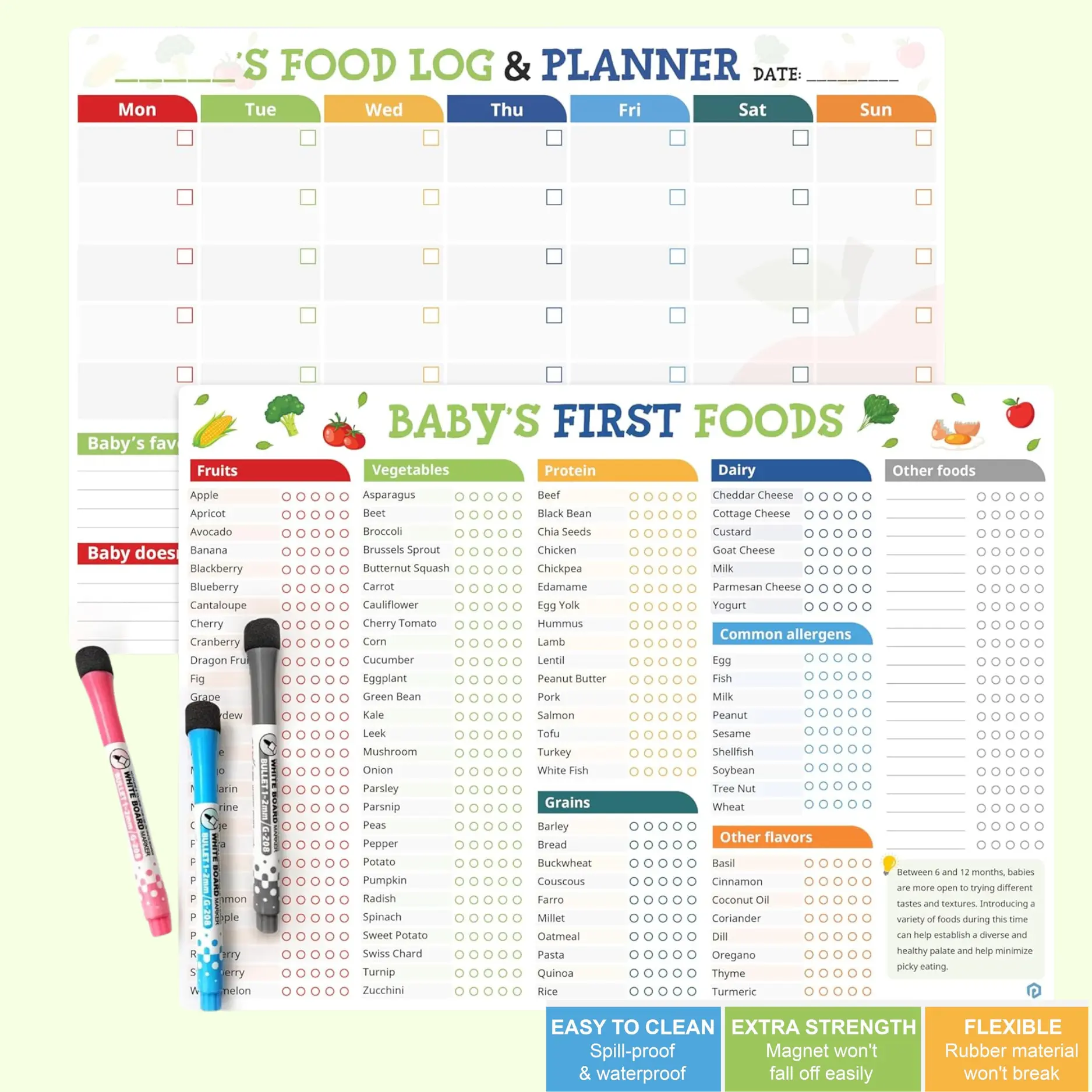 Baby First Foods Chart & Food Log Planner Reusable Magnetic Feeding Tracker for Fridge with Markers Comprehensive Healthy Food Chart for Kids and Family Nutrition Tool - Kitchen, Decor