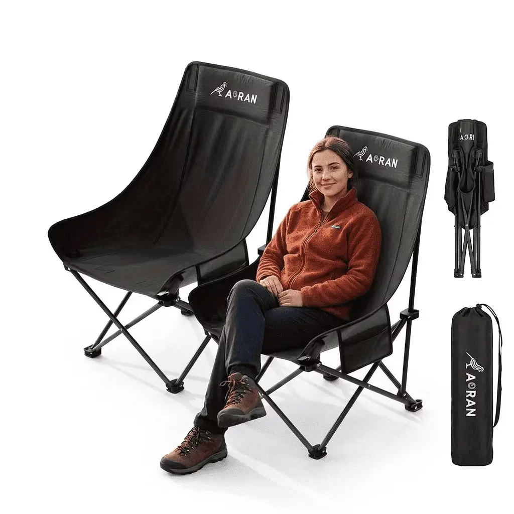 2-Pack Foldable Moon Chairs, portable camping chairs with reinforced steel frames, durable Oxford fabric, side pockets, ergonomic high backs, and carry bags for outdoor use.
