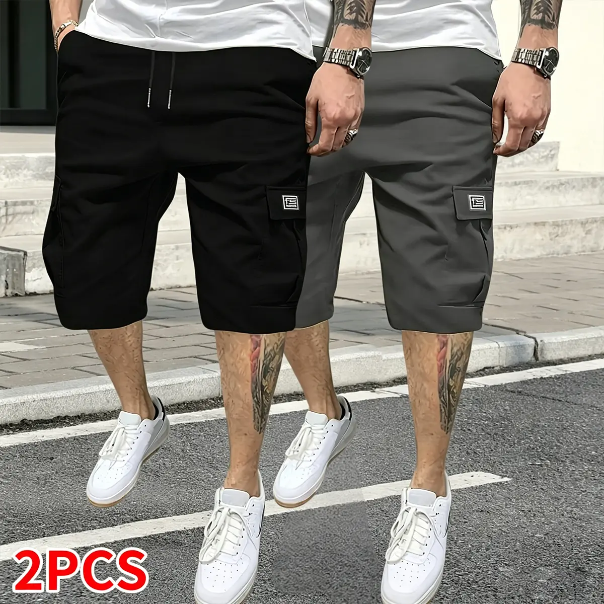 2-piece summer outfit set: men’s shorts; summer shorts; men’s drawstring elastic waistband; suitable for outdoor sports, fitness, running, and casual wear; men’s casual cargo pants with multiple pockets, solid color.