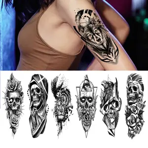 6 Sheets Temporary Tattoo for Men Women Adults Body Art Arm Waterproof Half Sleeve Halloween Scary Tiger Skull Skeleton Tattoos Stickers Black