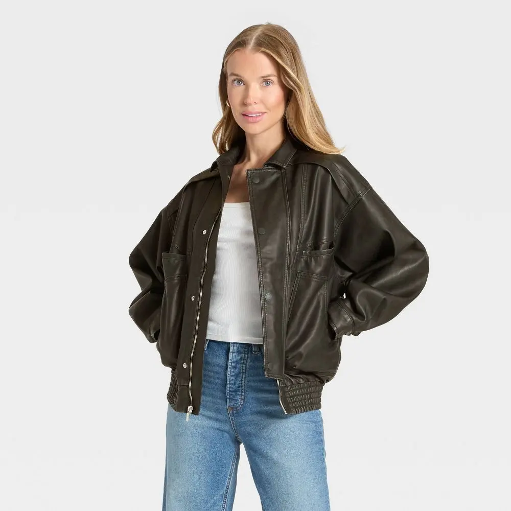 Women's Relaxed Faux Leather Bomber Jacket - Universal Women's Relaxed Faux Leather Bomber Jacket - Universal