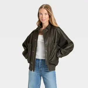 Women's Relaxed Faux Leather Bomber Jacket - Universal