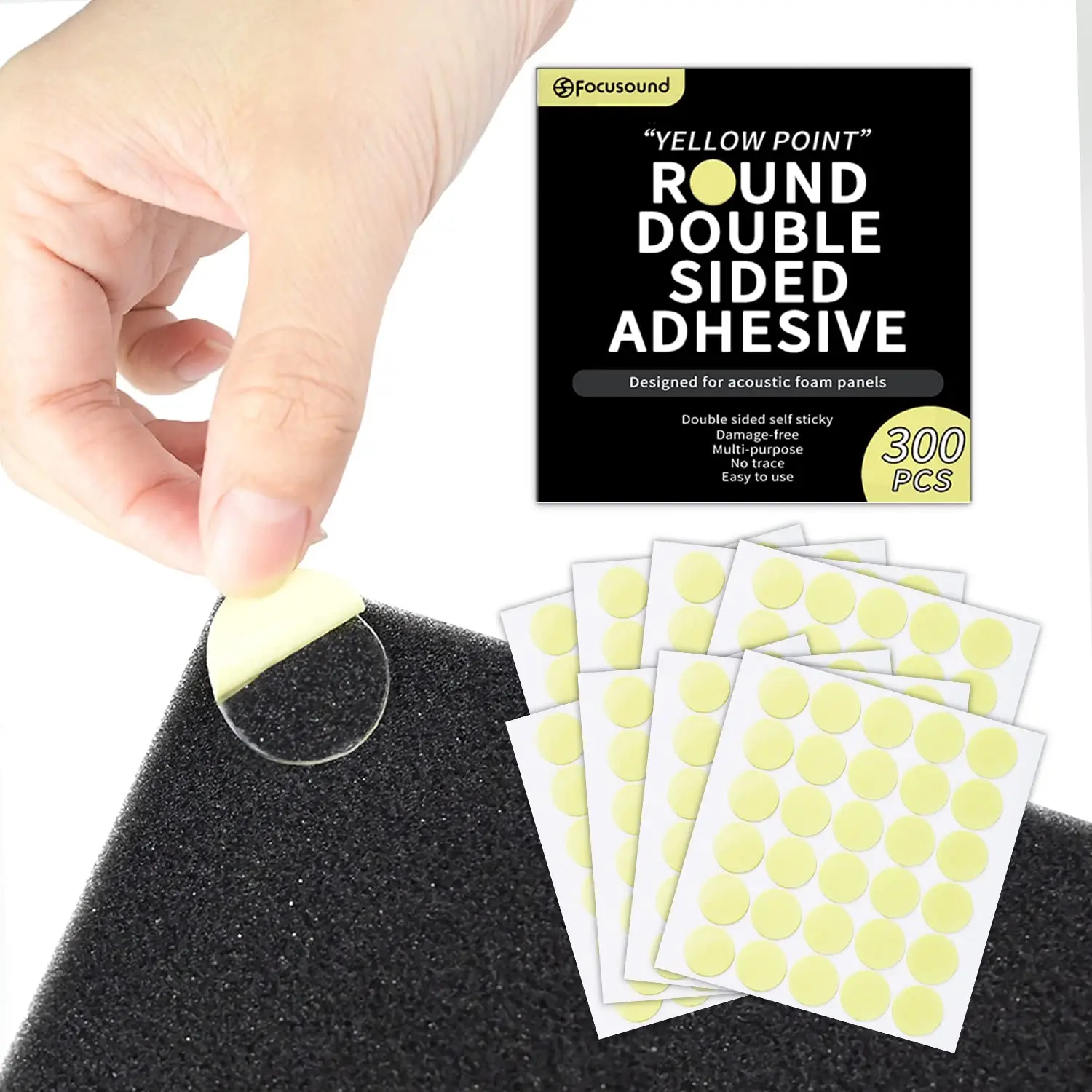 Focusound Yellow Point Double-Sided Adhesive Dots, 300-Pack Smooth Sticky Removable Pads for Noise Reduction Foam Panels & Office Projects, 0.35Lb, Holds Foam Panels