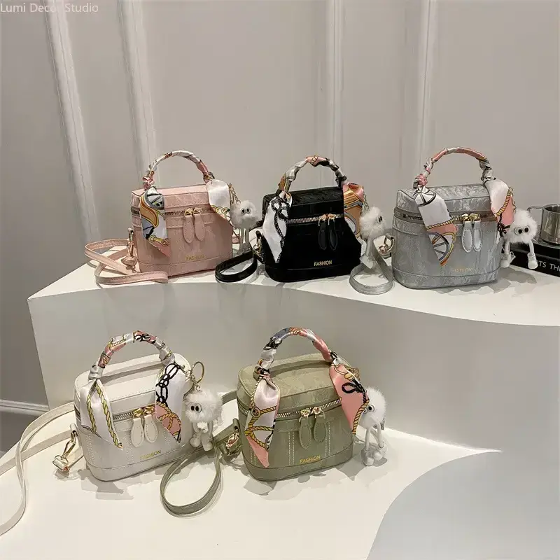 Women's Cute Mini Box Crossbody Bag with Scarf, Plush Charm, Purse Chain Charms - Trendy Satchel Gym Bag for Daily Use, Travel | Sports & Outdoor Accessory, Everyday Purse, Trending Purses