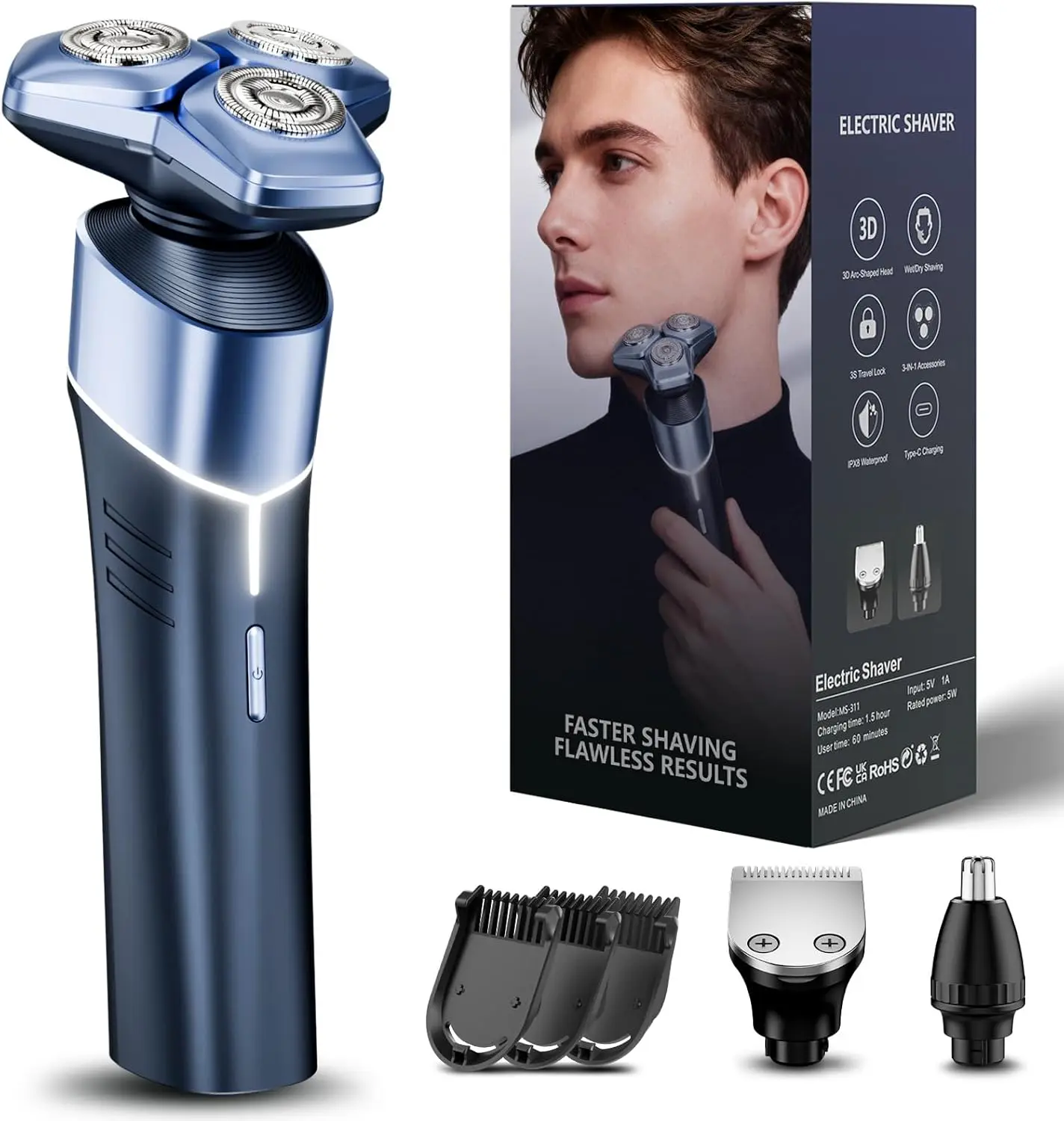 Men's 3-in-1 Electric Facial Shaver, Grooming Kit with Hair Clipper and Nose Trimmer, Durable Metallic Blue Daily-Use Appliance, Versatile, Razor, Smoothing, Batteries, Face, Modern, Triple Function, Multi-Use, 3-In-1 Shaver, Built-In