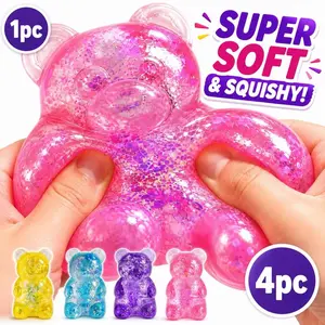 4PCS Squishy Bear Stress Toy, Soft Sensory Fidget Toy with Glitter Liquid Filling, Squeeze Anxiety Relief Toy for Kids & Adults, Party Favors, Desk Toy, Kawaii Squishies