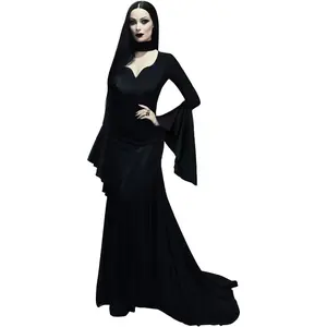 Women's Morticia Addams Dress Costumes Gothic Maxi Dress Halloween Cosplay Vintage Black Long Dress