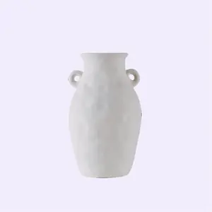 9" White Textured Ceramic Vase with Handles - Minimalist Decor for Tabletop, Mantel & More - Decorative Flower Round