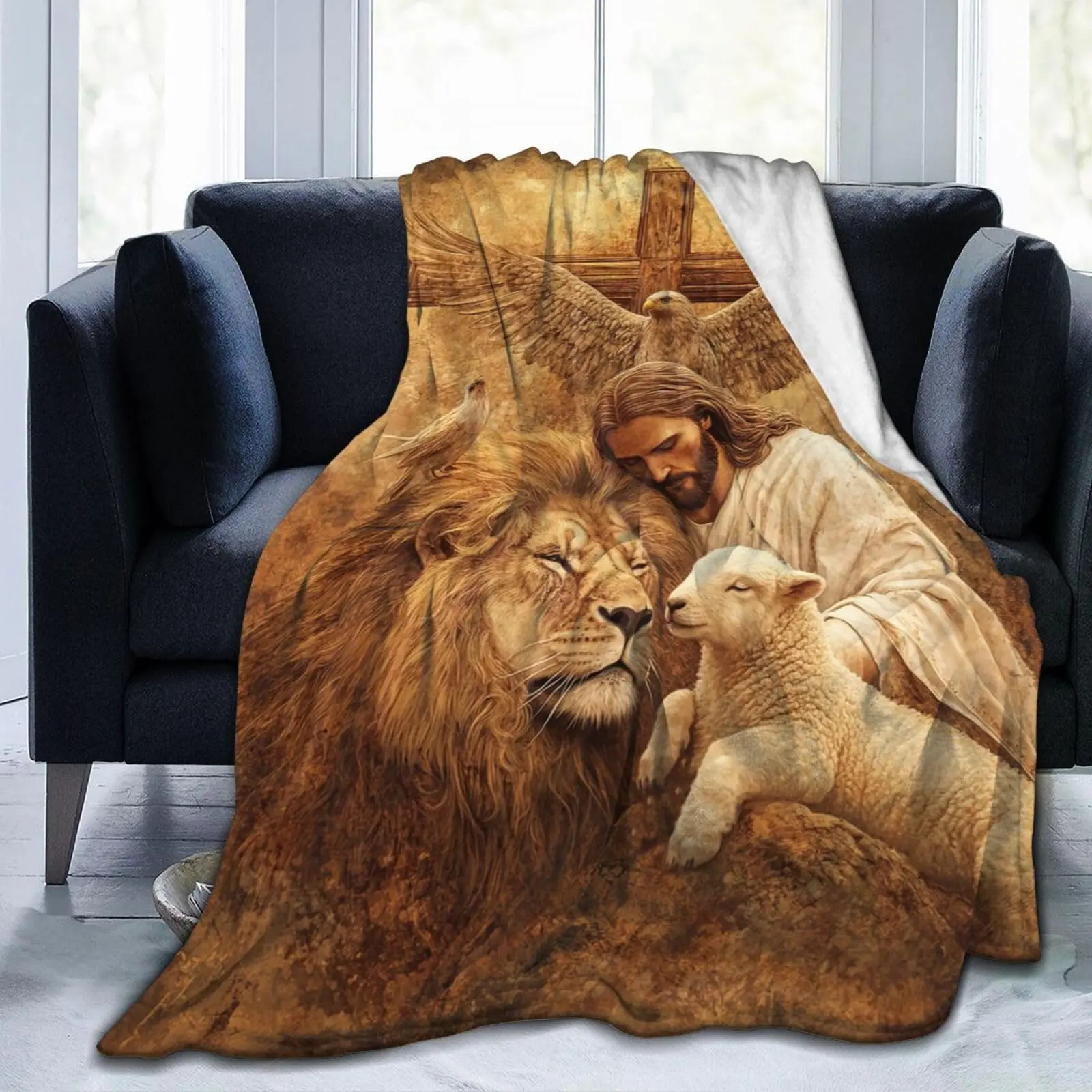 Cross Print God Eagle Plush Fleece Blanket - Wrinkle Resistant, Breathable, Anti-Pilling, Super Soft Warm Cozy, Multi-Size (30×40 in, 50×40 in) Throw for Adults, Grandparents, Home Couch Bed Decor