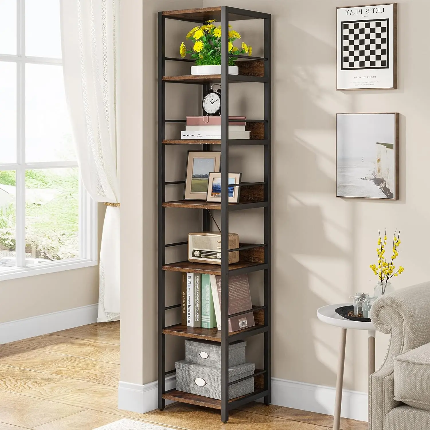 LITTLE TREE 6-Tier Corner Shelf, 75 Inch Tall Narrow Bookshelf Storage Rack, Etagere Shelves Display Stand for Small Spaces, Rustic Open Bookcase Square Shelf Tower for Living Room, Bathroom, Office, and Bedroom