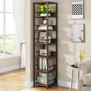 LITTLE TREE 6-Tier Corner Shelf, 75 Inch Tall Narrow Bookshelf Storage Rack, Etagere Shelves Display Stand for Small Spaces, Rustic Open Bookcase Square Shelf Tower for Living Room, Bathroom, Office, and Bedroom