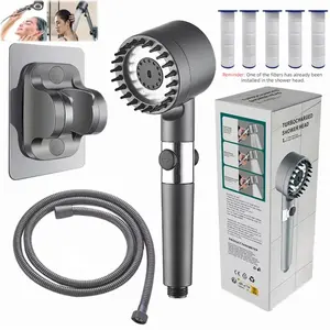 Shower Head with Handheld |  5 Ft Hose, No-Drill Bracket and 6 Filter Cartridges, 3 Spray Mode & Jet Mode, On/Off Switch, Silicone Massage Strips, Increase Water Pressure, Micro-bubble Cleaning, Removes Chlorine and Softens Water to Protect Skin and Hair