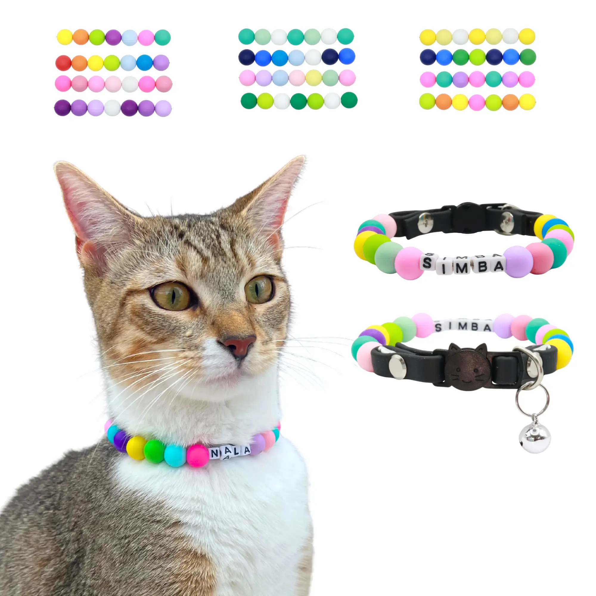Anita's Stitches-Custom Beaded Name Cat Collar- Breakaway and Safety Kitty Necklace- Accessories for Cats- Silicone beads 12MM Handmade USA