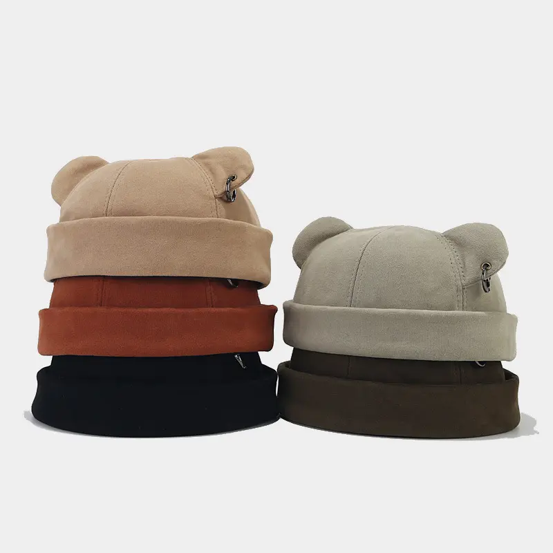 Bear Ear Cotton Beanie for Women & Men, Brimless Fitted Docker Cap, Adjustable Hat for Autumn & Winter, Beanie Fitted, Funny Hat, Brimless Hats