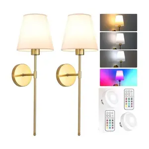 2 Pack Aston BS Battery Operated Wall Sconce Rechargeable Wireless Indoor Smart Wall Light with Remote 12 Colour Dimmable Detachable Bulb Wall Decor Fabric Shade Fixtures for Bedroom Apartment Room