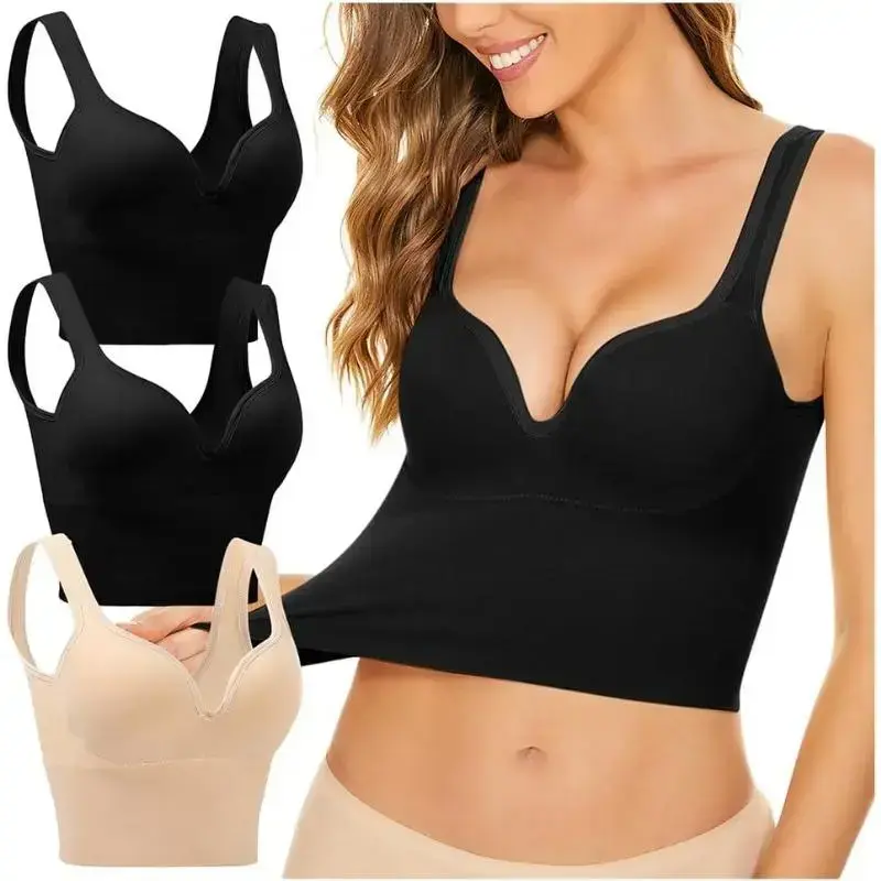 Women's Basic Longline Bra Set with Belt - 1 Pack, High Elasticity, U-Shaped Back, Fixed Chest Pad, Gathered Hem, Floral Lace, Soft Seamless Everyday Minimalist Black Underwear