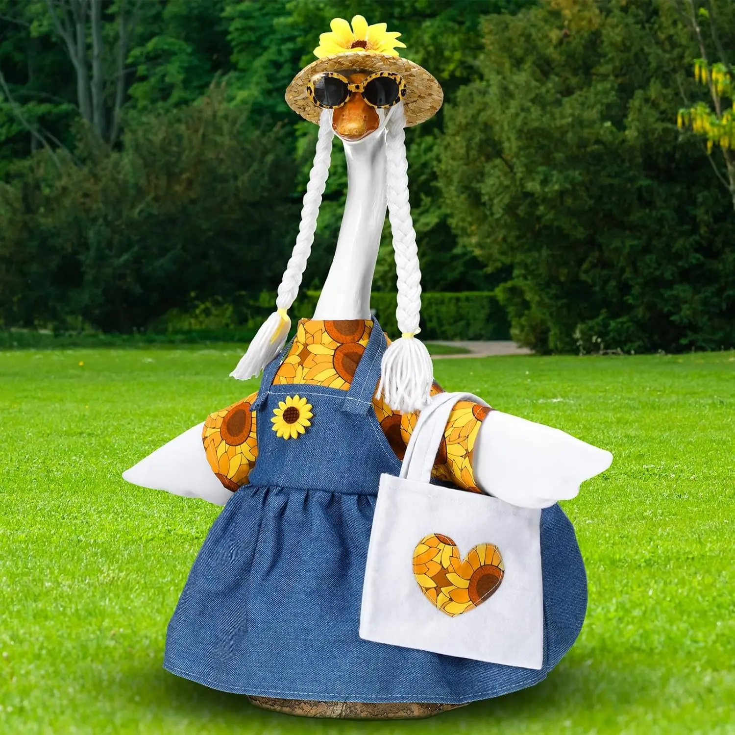 1 Set Summer Porch Goose Outfit 23 Inch Cement Sunflower Goose Dress Clothes and Hat Costume Set for Summer Party Yard Lawn Outdoor Garden Patio Decor
