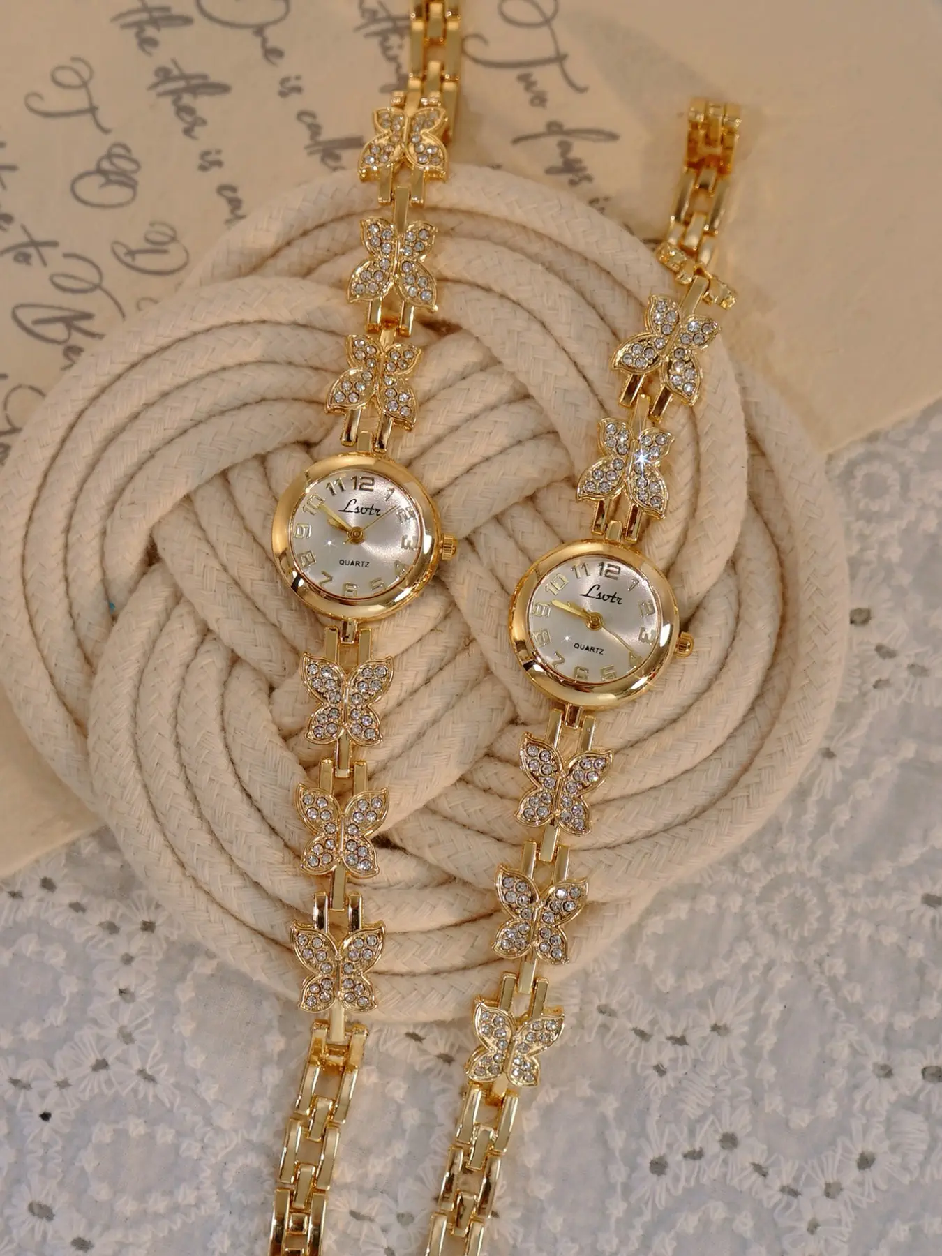 1 French gold inlaid rhinestone butterfly-shaped ladies' watch exquisite, elegant, retro bracelet-style ladies' quartz watch, Quartz wristwatch, suitable for daily wear, party and holiday decorations, birthday or holiday gifts, Quartz Wrist Watches