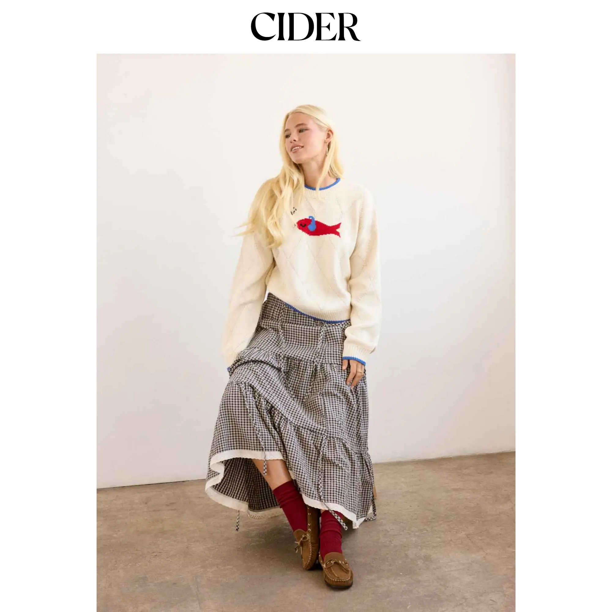 Cider Women's Oversized Knitwear Top - Fish Print, Casual Round Neck, Contrast Binding, Loose-Fitting, Sizes 0Xl - 12/14, 2Xl - 20/22, 3xl