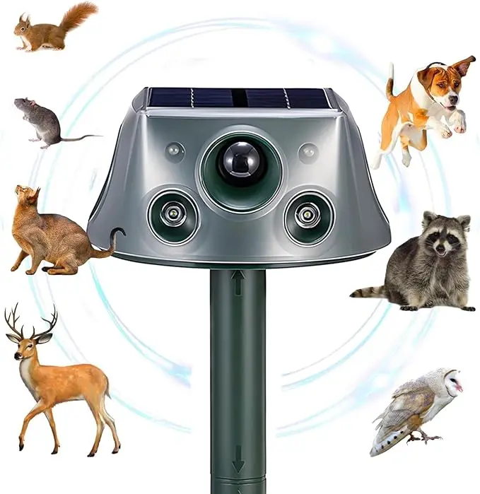 Ultrasonic Solar Animal Repeller for Yard, 6 Modes Outdoor Cat Squirrel Repellent with Motion Sensor & Flashing Light, 360° Animals Deterrent for Squirrel Bird Deer Cat Skunk Dog for Yard Garden
