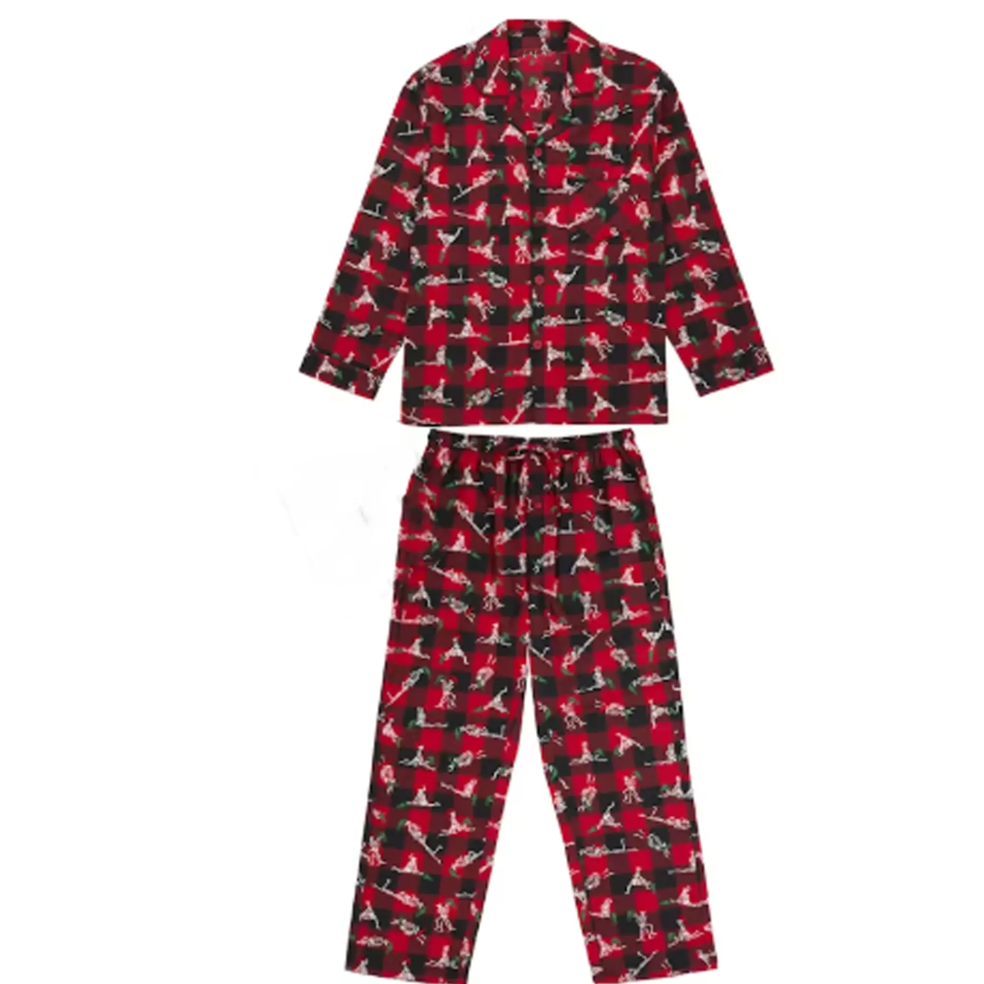 Skeleton Sports Plaid Pajama Set, All Over Athletic Skeleton Graphic Sleepwear, Long Sleeve Button Up Lounge Set, Fun Pajama Gift