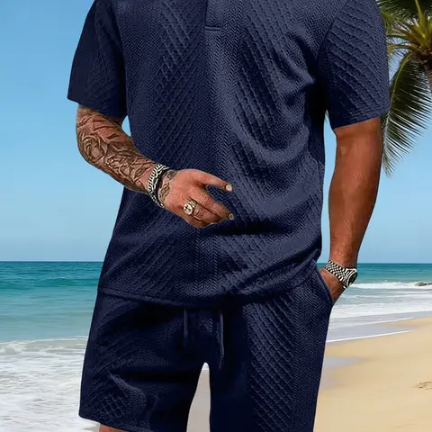 Men's Summer Basic Polyester-Elastane Plain 2-Piece Collared Neck Set - Dark Blue Short-Sleeve Polo Shirt & Shorts, Loose Fit, Airflow, Breathable, Cool, Athletic Casual Outfit, Cold Wash, 1 set (dark blue)