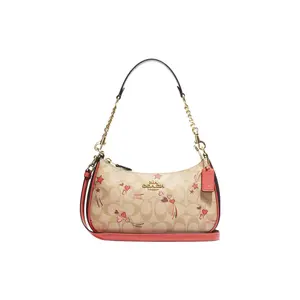 COACH Teri 23 Classic Logo Jacquard Leather Half-Moon Crossbody Shoulder Bag for Women in Khaki and Pink