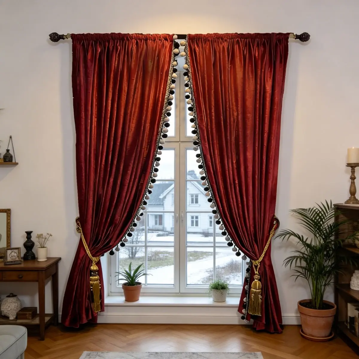 2pcs American Vintage Velvet Full Light Block Curtains, Living Room Luxury Velvet Floor Drapes, Window Drapes, Home Decorative Curtain, Hole Punch Pom-Pom Edge Decorative Curtains, Privacy Grommet Curtains, Home Decoration Curtain